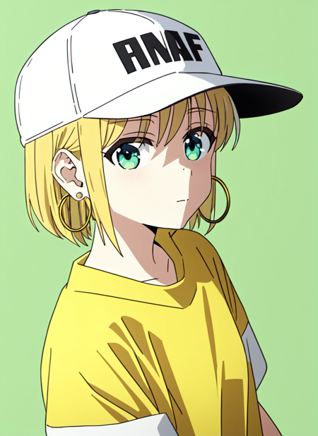 3978523002-1542915730-bocchi style, masterpiece, best quality, 1girl, aqua eyes, baseball cap, blonde hair, closed mouth, earrings, green background,.png